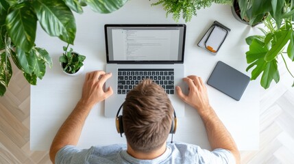 A software engineer collaborating remotely with digital communication tools, white isolated background, copyspace