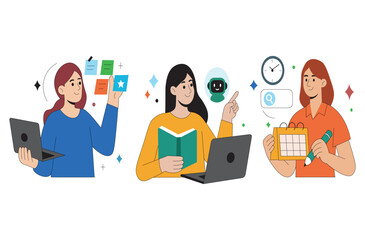 Productive Women with Laptop, Book, and Planner. Digital Productivity and Time Management Illustration. Multitasking Women with Calendar, Notes, and Laptop. 