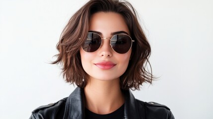 Naklejka premium A stylish young woman with sunglasses, showing confidence and joy, white isolated background, copyspace