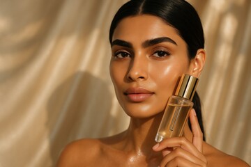 Indian woman holding skincare serum bottle, glowing skin, luxury beauty portrait