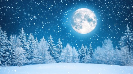 Fototapeta premium Snowy forest at night, full moon