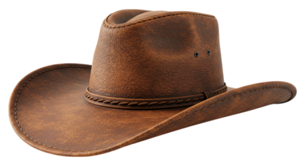 Classic Cowboy Hat: Close-up of a weathered, brown leather cowboy hat, exuding a rugged, timeless, and rustic feel, it represents the spirit of the old west.