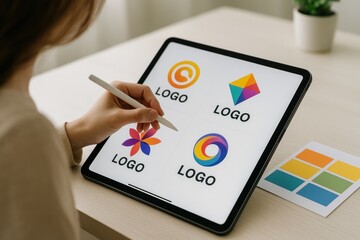 Woman designing logos on tablet, creative branding and graphic design workspace