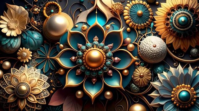 Decorative artwork showing an arrangement of elaborate floral forms with gold accents and teal details with an illustrative and ornate aesthetic.