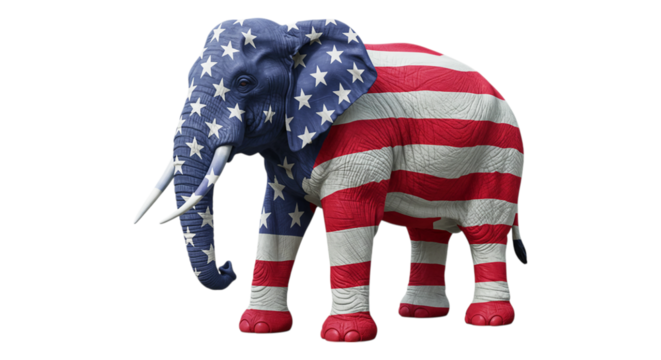 American Dream Elephant: An eye-catching artwork featuring an elephant uniquely adorned with the stars and stripes, embodying national pride and representing a symbol of political landscape.