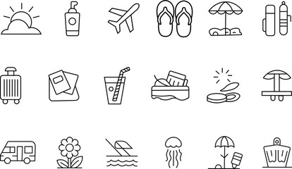 Summer Holiday Outline Icons Set , Linear Icon Collection, Editable Stroke , Vector Illustration