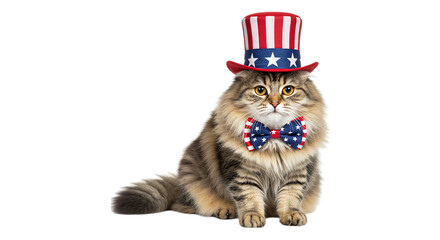 Cat in Patriotic Attire: An adorable cat models in patriotic attire, wearing a stylish Uncle Sam hat and matching bow tie, embodying the spirit of freedom and celebrating national pride.
