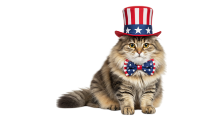 Cat in Patriotic Attire: An adorable cat models in patriotic attire, wearing a stylish Uncle Sam hat and matching bow tie, embodying the spirit of freedom and celebrating national pride.