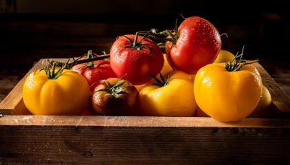 fresh yellow and red tomatoes with water droplets in a rustic wooden crate