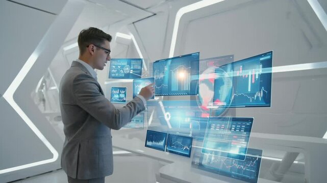 Futuristic Businessman Using Holographic Interface in High-Tech Office