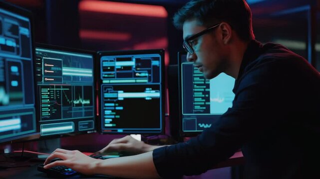 Cybersecurity analyst working with data on multiple screens in a dark office