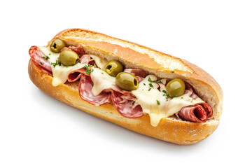 Sandwich filled with salami, melted cheese, and green olives, served on a crusty baguette
