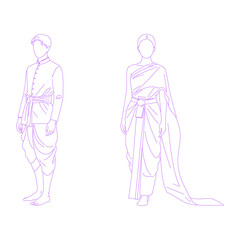 person wearing a chut thai (traditional Thai dress) lineart illustration
