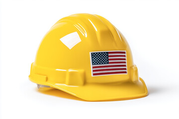 Yellow hard hat with flag isolated on white background