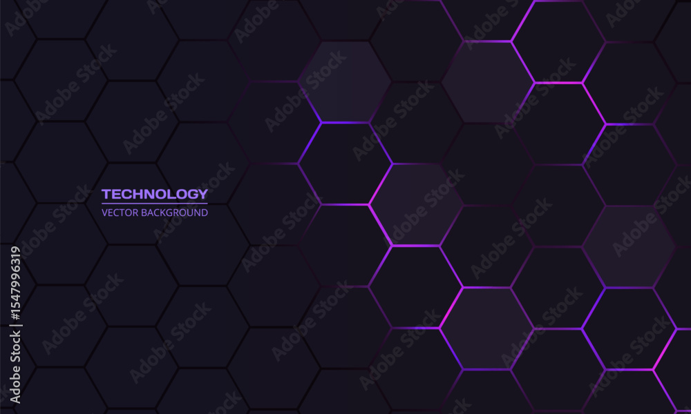 Poster Dark hexagon abstract technology background with purple and pink colored bright flashes under hexagon. Hexagonal gaming vector abstract tech background.