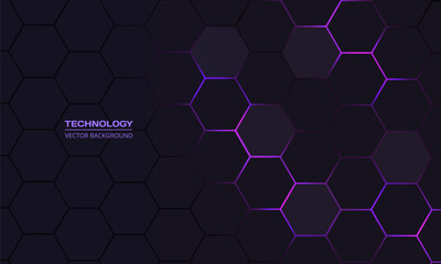 Dark hexagon abstract technology background with purple and pink colored bright flashes under hexagon. Hexagonal gaming vector abstract tech background.