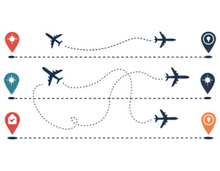 Airplane dotted route line set.Path travel line shapes with start point and dash line trace for plan vector set flat style plane icon from start pin point to finish isolated on white background.Airpla