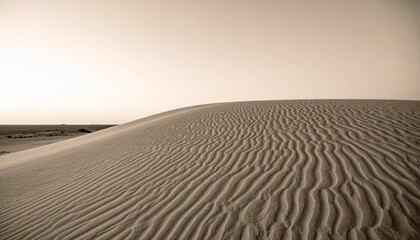 Grand Lone Sand Dune at Sunset, Featuring a Monochrome Beige Texture and a Distant Flat Horizon, Capturing the Simplicity and Vastness of the Desert.