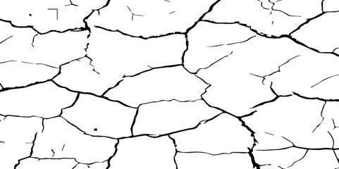 Generate an image depicting a stark, high-contrast texture of a cracked surface, emphasizing the intricate network of fissures. The cracks should be prominent and dark against a light.