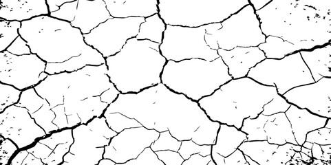 Generate an image depicting a stark, high-contrast texture of a cracked surface, emphasizing the intricate network of fissures. The cracks should be prominent and dark against a light.