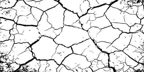 Generate an image depicting a stark, high-contrast texture of a cracked surface, emphasizing the intricate network of fissures. The cracks should be prominent and dark against a light.