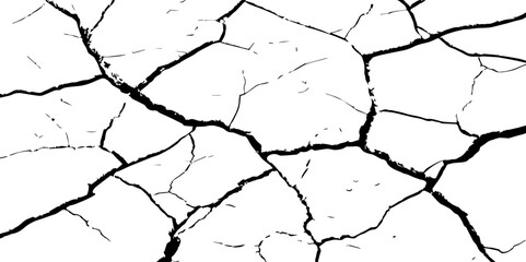 A high-contrast black and white texture of cracked earth or dry, parched ground. The image features irregular, jagged fissures and organic shapes, creating a fragmente.