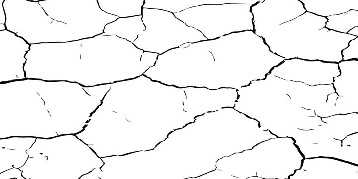 A high-contrast black and white texture of cracked earth or dry, parched ground. The image features irregular, jagged fissures and organic shapes, creating a fragmente.