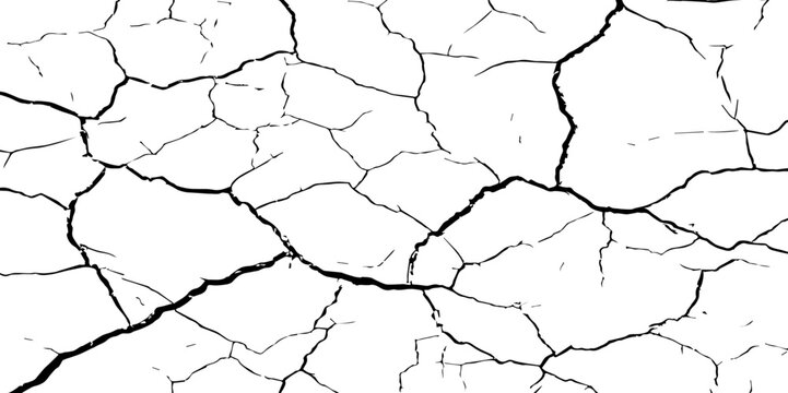 A high-contrast black and white texture of cracked earth or dry, parched ground. The image features irregular, jagged fissures and organic shapes, creating a fragmente.