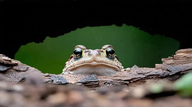 Frog&rsquo;s Peek-a-Boo: Captivating portrait of a frog peering out of a natural log hollow, offering a unique perspective on wildlife in its natural habitat.