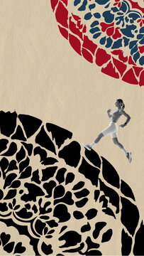 Fototapeta A female runner leaps over oversized stylized flower patterns, blending nature and power in an elegant athletic theme. Concept of the finish line as illusion. Flat folk style