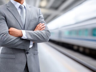 Businessman in suit with arms crossed at train station, a blurred high-speed train in the background.