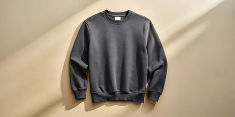 Charcoal gray crewneck sweatshirt displayed on beige background, studio shot