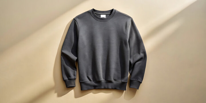 Charcoal gray crewneck sweatshirt displayed on beige background, studio shot