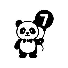 Panda with bowtie holding balloon icon with transparent background celebrating 7 year old birthday party and cute festive fun
