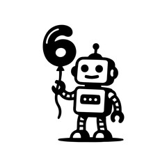 Robot holding balloon icon with transparent background celebrating 6 year old birthday party and playful festive fun
