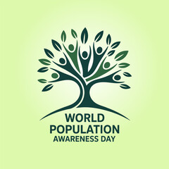 Obraz premium Minimal green population awareness emblem with tree symbol and rounded leaves forming growth design 