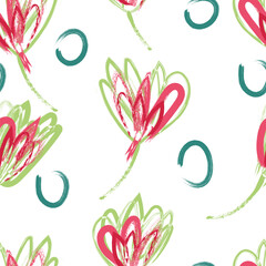 Hand-drawn floral vector seamless pattern with bold brush strokes in pink, green, and blue. Abstract artistic flowers with playful shapes. Ideal for textile, wrapping paper, wallpaper