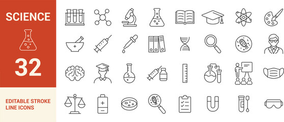 32 Science and Laboratory Line Icons – Editable Stroke Vector Set