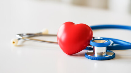 A smooth red heart stress ball lies on a blue stethoscope with soft lighting and a clean white blurred background