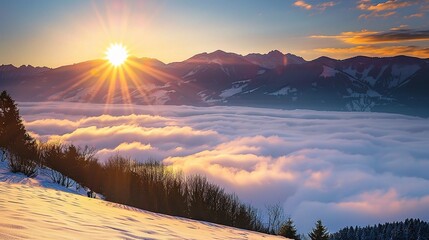 Beautiful winter landscape with sun, mountains, and clouds at sunrise in Zell am See, Austria.