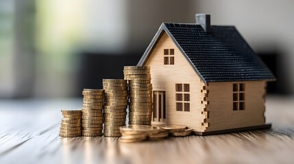 Miniature house model with stacks of coins representing savings