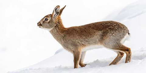 Fototapeta premium Alert Mountain Hare standing in deep snow, winter wildlife scene