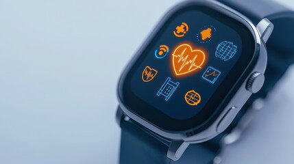 Modern Smartwatch Displaying Health Monitoring Features with Colorful Icons and Sleek Design