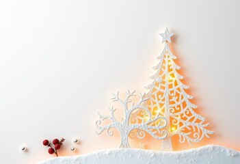 Intricate paper cut Christmas tree, frosted with delicate snow details, christmas tree,  greeting