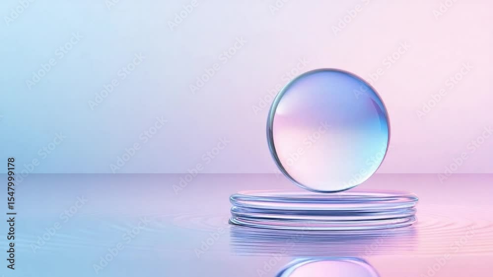 Poster floating orb: an ethereal glass orb floats serenely above a translucent platform, basking in the sof