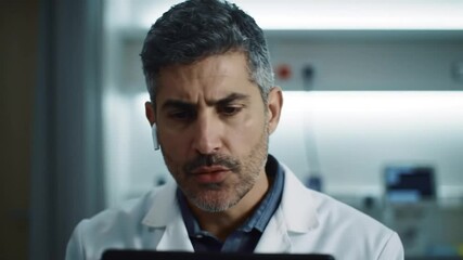 Man, doctor and tablet in research for medical, healthcare or Telehealth in communication at hospital. Male person, nurse or surgeon with technology for networking - Powered by Adobe