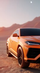 Stylish orange SUV parked on sandy desert terrain during sunset with mountains in the background
