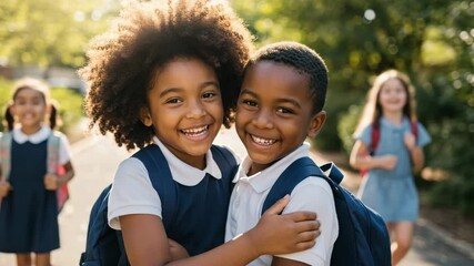 Back to school african american students smiling with backpacks together on the first day of school - Powered by Adobe