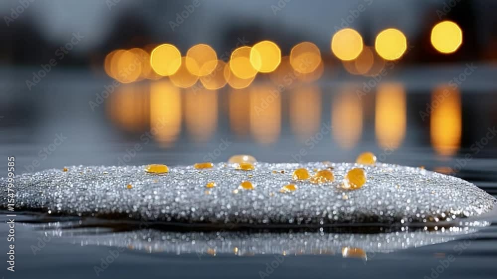 Poster Sparkling Dew: Delicate droplets of moisture adorn a surface, reflecting the soft glow of distant lights, creating an atmosphere of serenity and tranquility. 