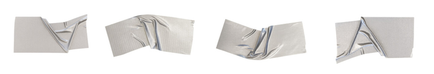 A set of realistic 3D pieces of aluminum reinforced duct tape, crumpled and curved into geometric shapes. Metallized strips with creases, reflective surface and foil effect. 
